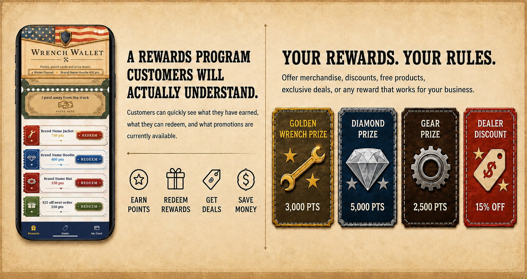 A rewards program customers will actually understand. Customers can quickly see what they have earned, what they can redeem, and what promotions are currently available: earn points, redeem rewards, get deals, save money. Your rewards, your rules — offer merchandise, discounts, free products, exclusive deals, or any reward that works for your business. Golden Wrench Prize 3,000 points. Diamond Prize 5,000 points. Gear Prize 2,500 points. Dealer Discount 15% off.