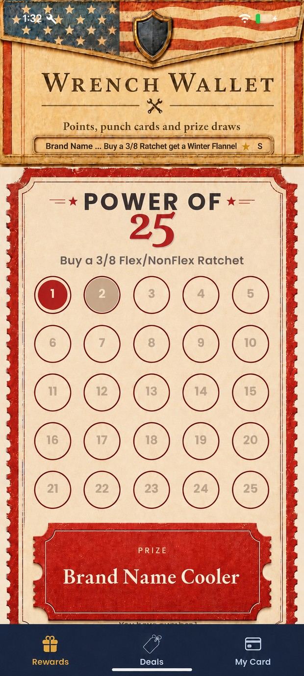Customer view of a Power of 25 card with numbered squares, some taken
