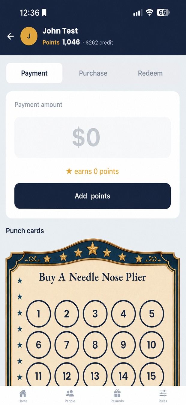 A customer card with payment, purchase and redeem tabs