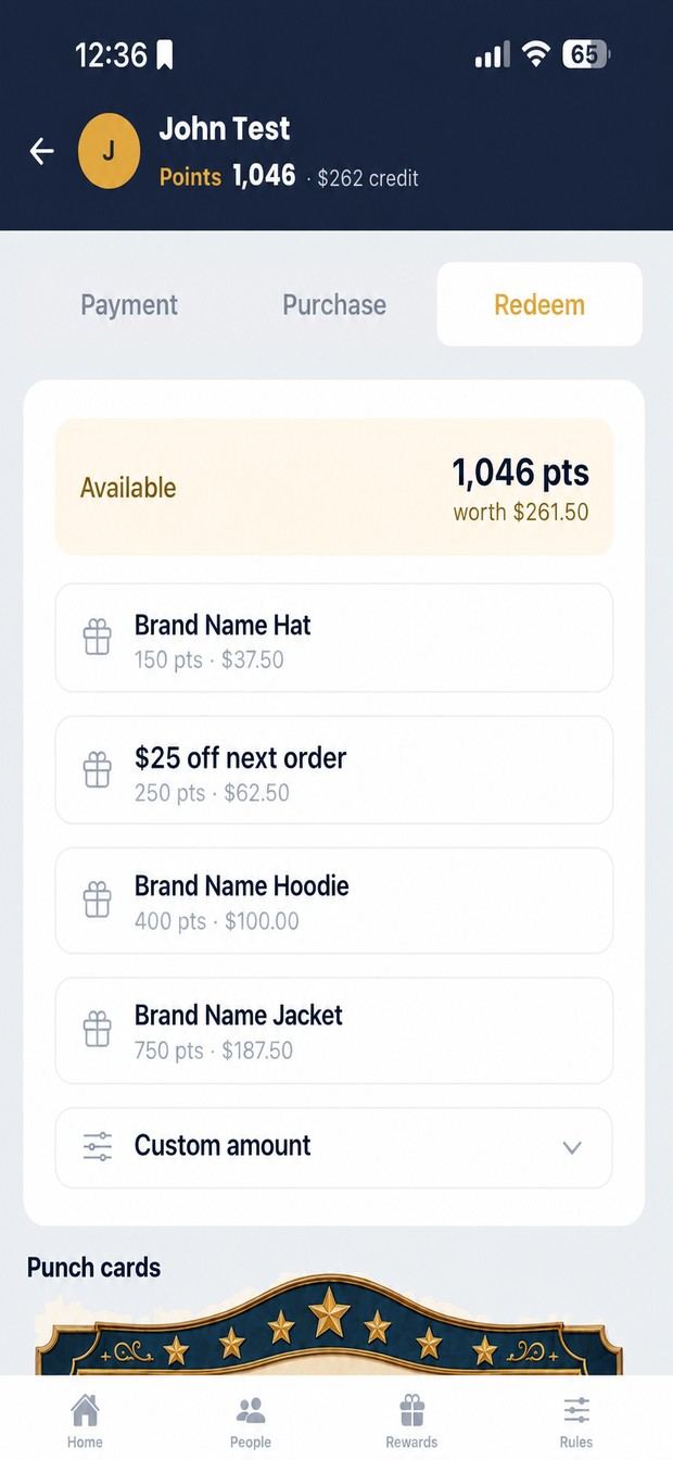 Redeem tab showing a customer's available points and the rewards they can afford