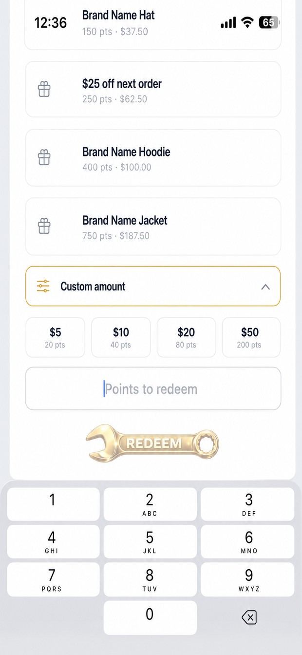 Custom redeem amount with $5, $10, $20 and $50 shortcuts