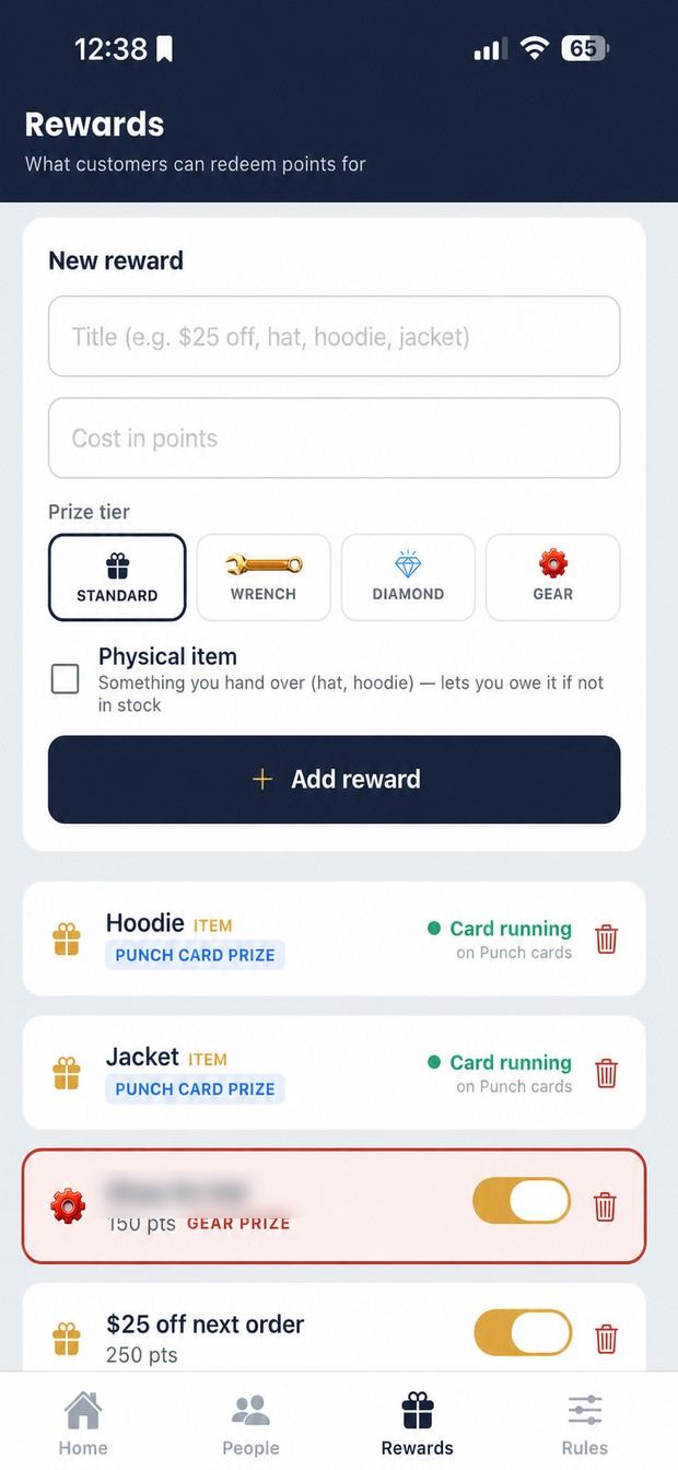 New reward form with prize tiers