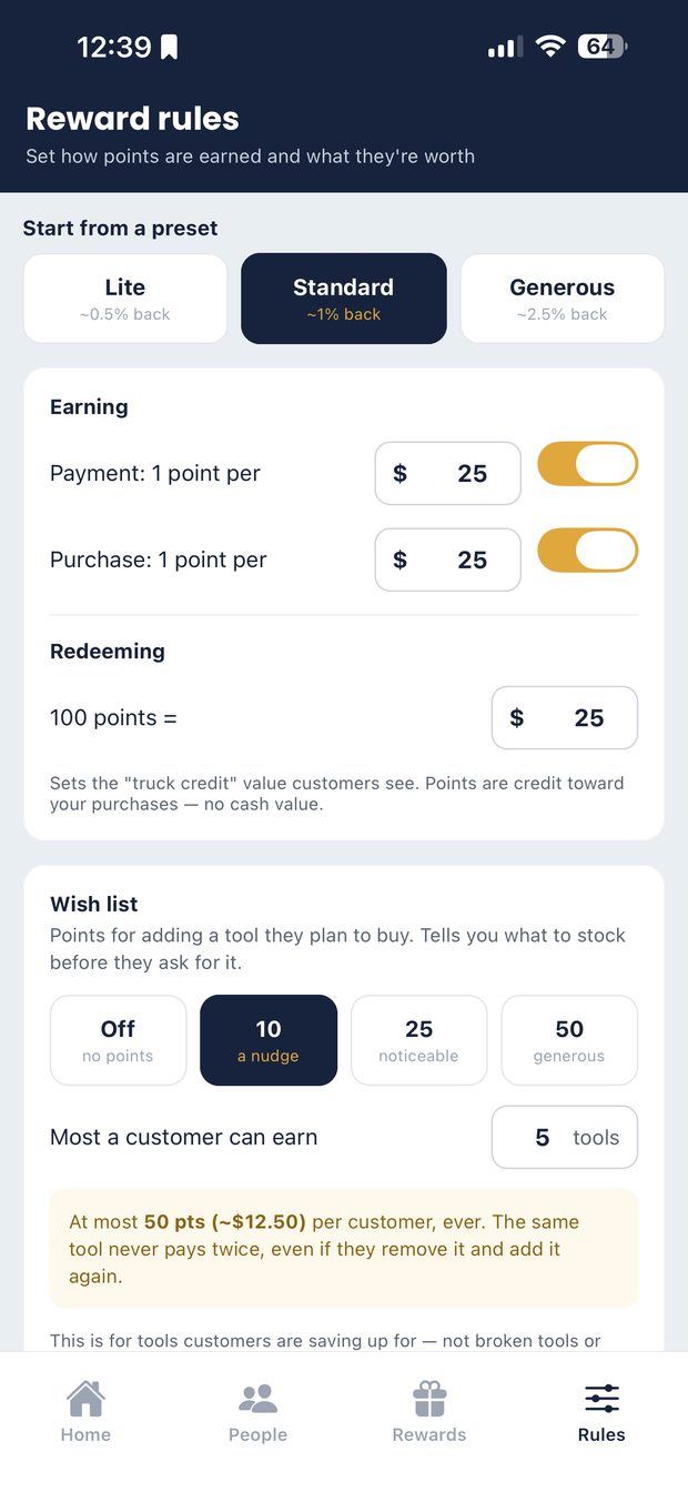 Reward rules screen with Lite, Standard and Generous presets and earning settings