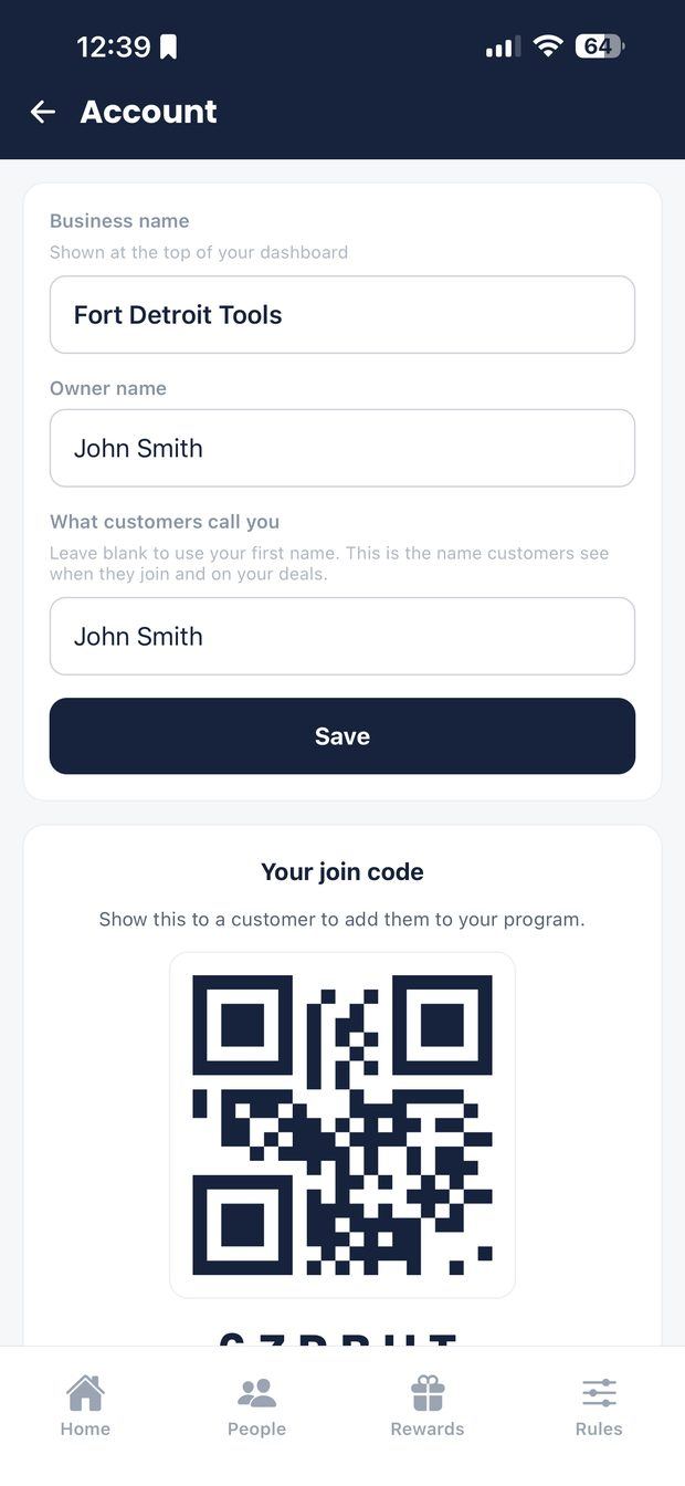 Account screen with business name